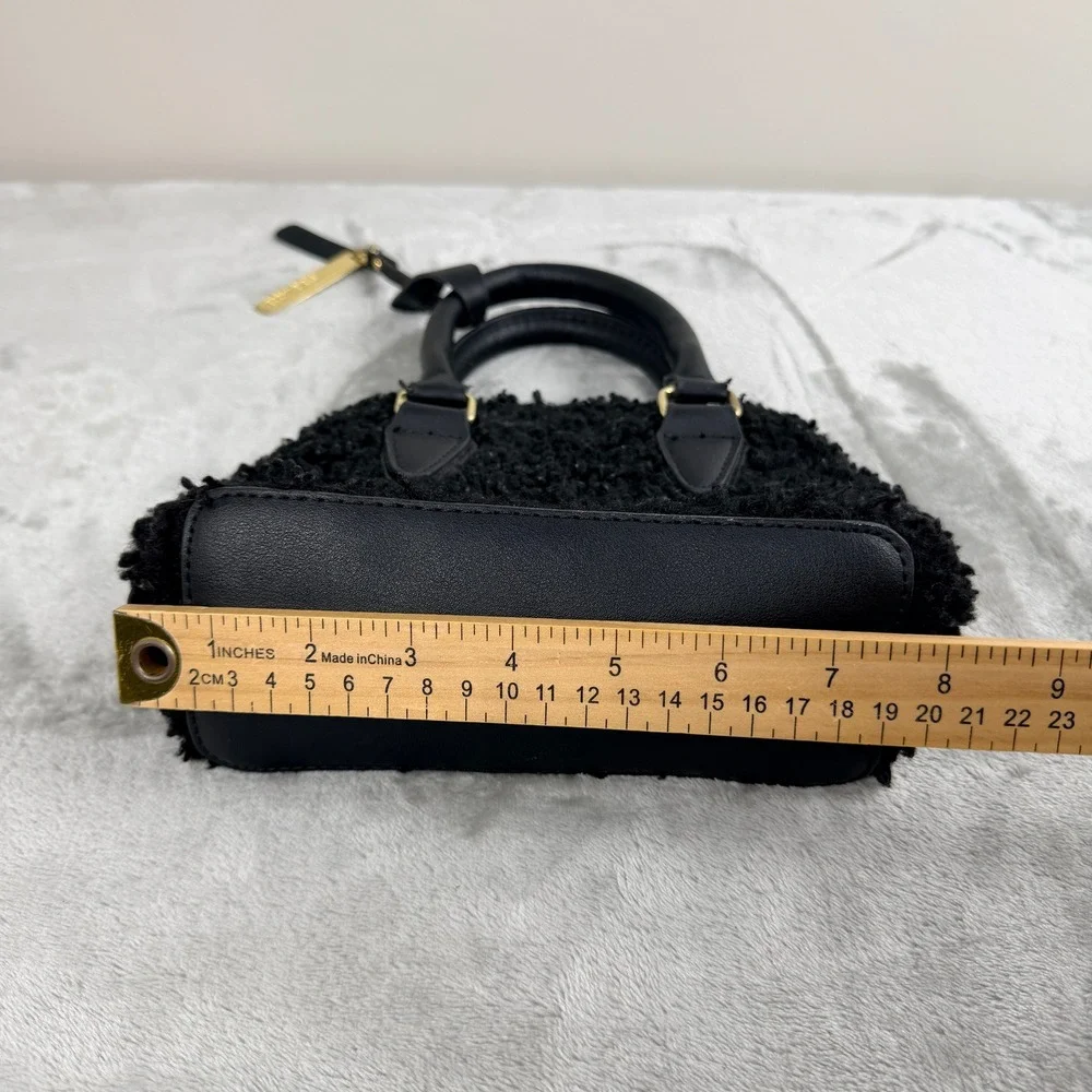 Steve Madden Black Faux Sherpa Mini Satchel Handbag Gold‎ Hardware